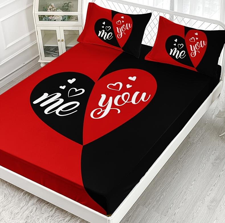 3pcs Romantic Rose Love Print Fitted Sheet Set, Soft Comfortable Breathable Bedding Mattress Protector Set, For Bedroom, Guest