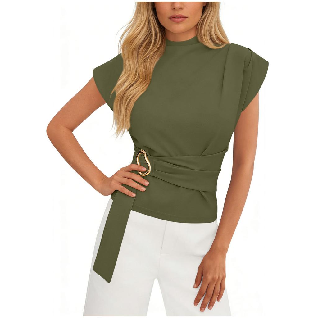 Stylish Women's High-neck Short-sleeved Fitted Top With Buttons In A  Color