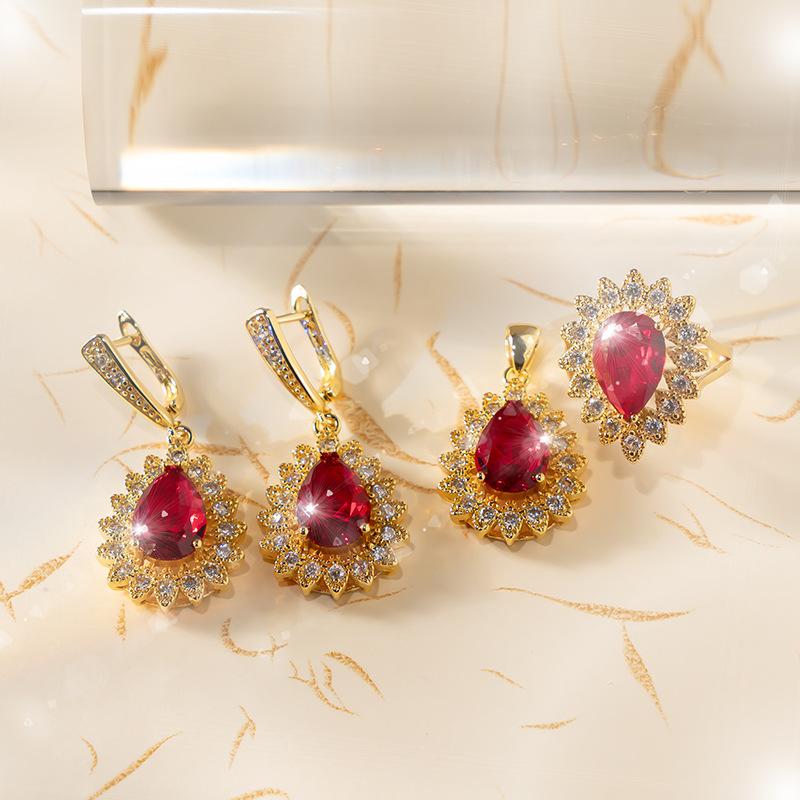 2026 Non-fading Jewelry Pigeon Blood Red Ruby Women's Fashion Light Luxury Jewelry Set Three-piece Set