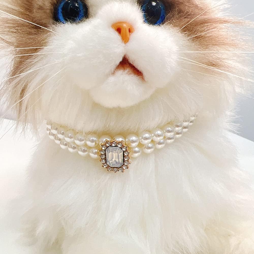 Pet Collar Adjustable Gem Cat Pearl Necklace Set with Diamond Elastic Pet Accessories
