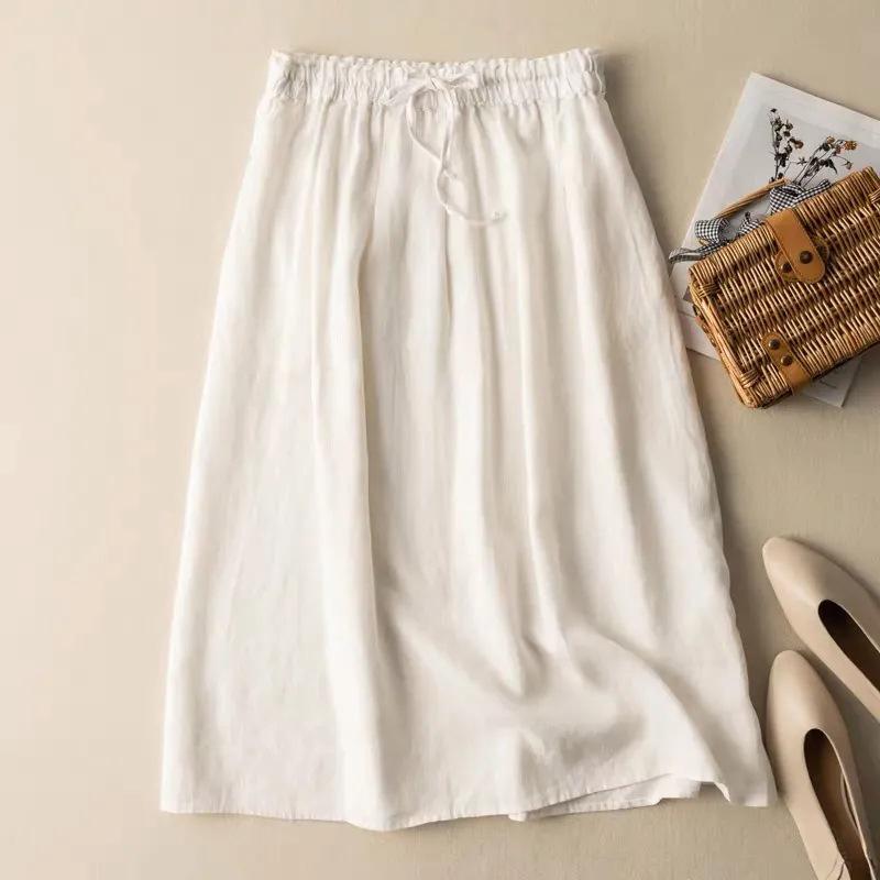 Women's High-Waisted Embroidered A-Line Cotton Linen Skirt with Elastic Waist and Large Hem