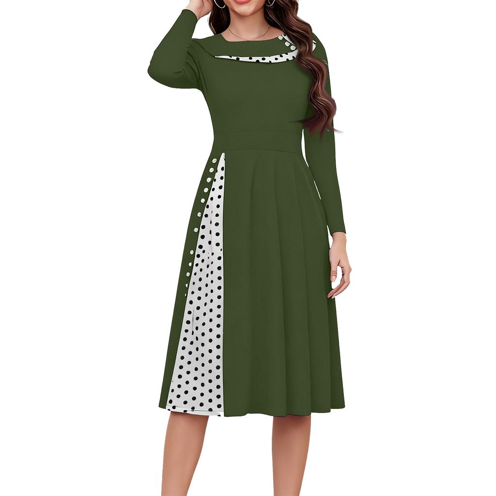 Ladies' Fashionable Retro Long Sleeved Round Neck Polka Dot Printed Dot Dress