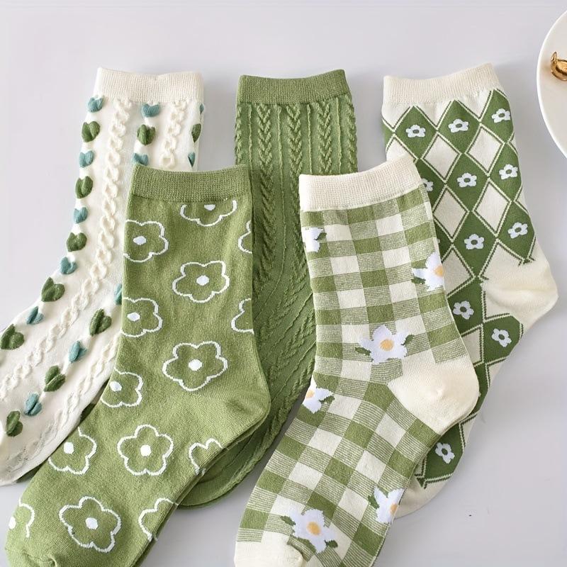 5 Pairs  Socks Women's Spring and Autumn Retro Three-dimensional Relief Flower Medium Tube Socks Stockings Women's Socks