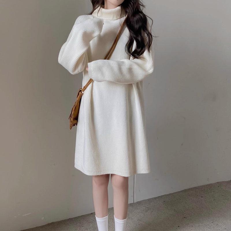 Korean Style High Neck Loose Sweater Dress - Petite Medium Length, Autumn/Winter