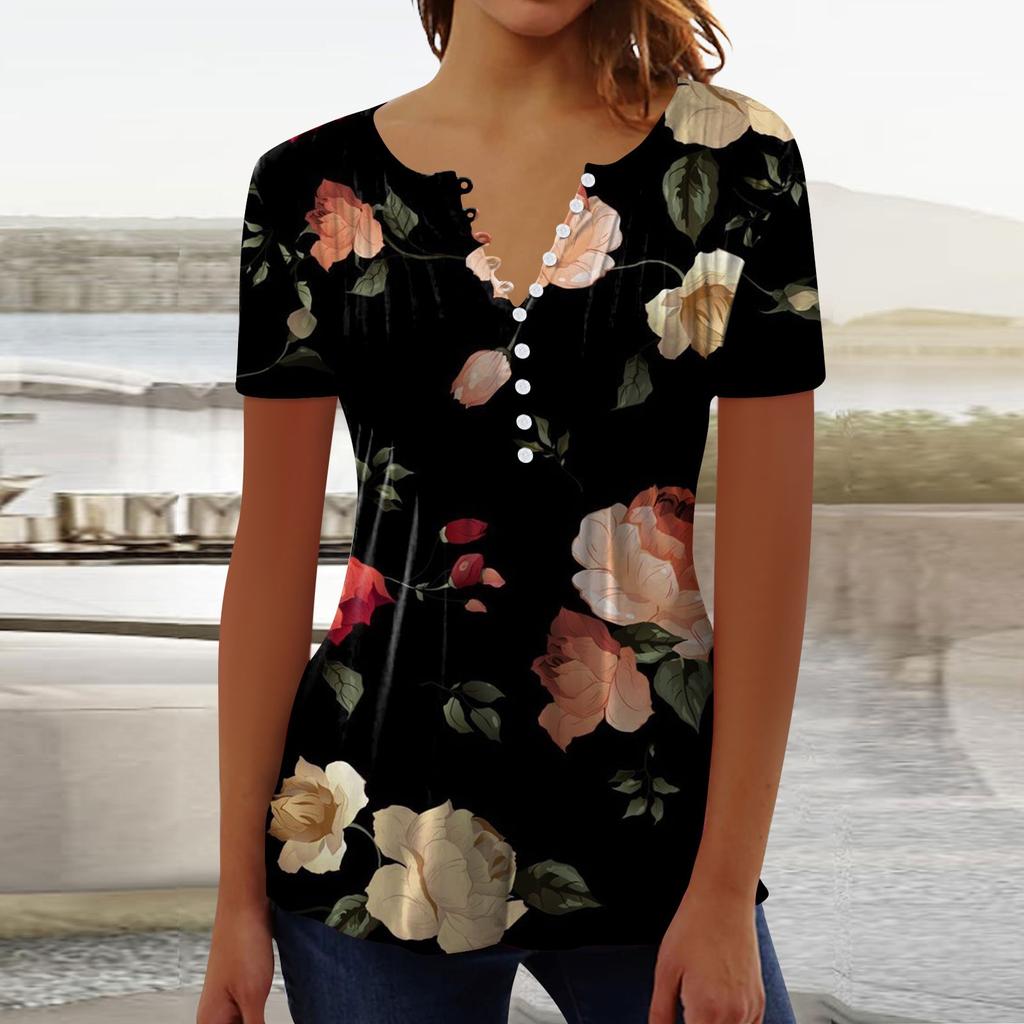 (brisand) Women's Shirt Blouse Button Retro Print Short Sleeve Casual Basic Round Neck Regular Top