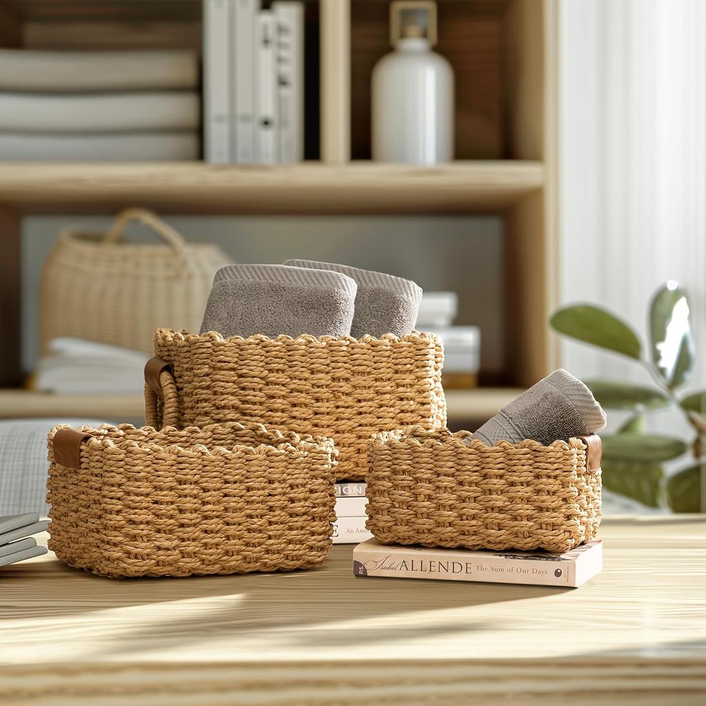 Set of 3 Woven Shelf Baskets Rectangular Cotton Rope Storage Bins with Handles for Organizing Toys Clothes Books in Nursery