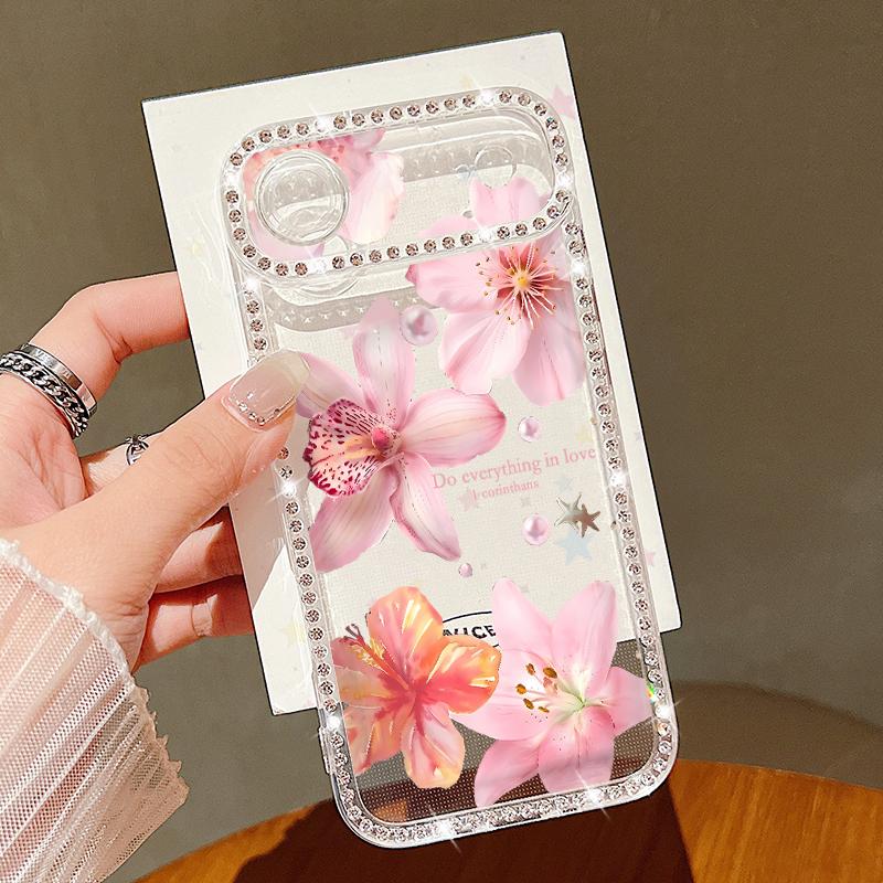 Pink Flowers Bling Diamond Case For iPhone 17 Air 16e 16 14 15 13 12 Pro Max 15 16 Plus 11 Glitter Soft TPU Silicone Phone Cover