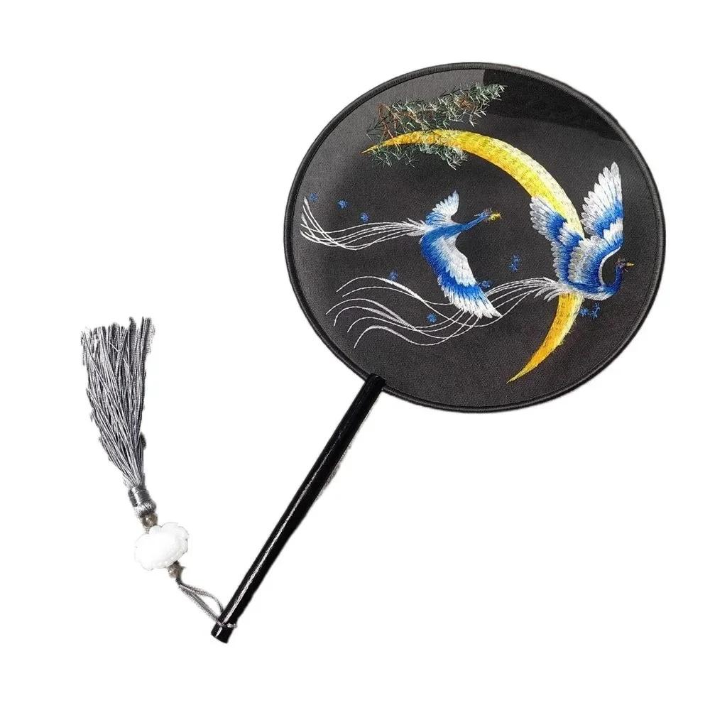 Round Double Sided Embroidery Fan Chinese Style Wooden Handle Embroidery Round Fan Tassels with Pendant Hanfu Hand Fan