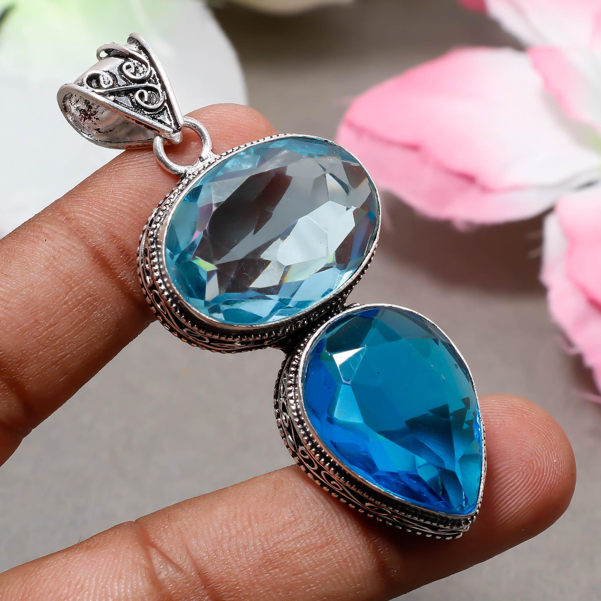 

Swiss Blue Topaz Gemstone 925 Sterling Silver Boho Jewelry Antique Pendant