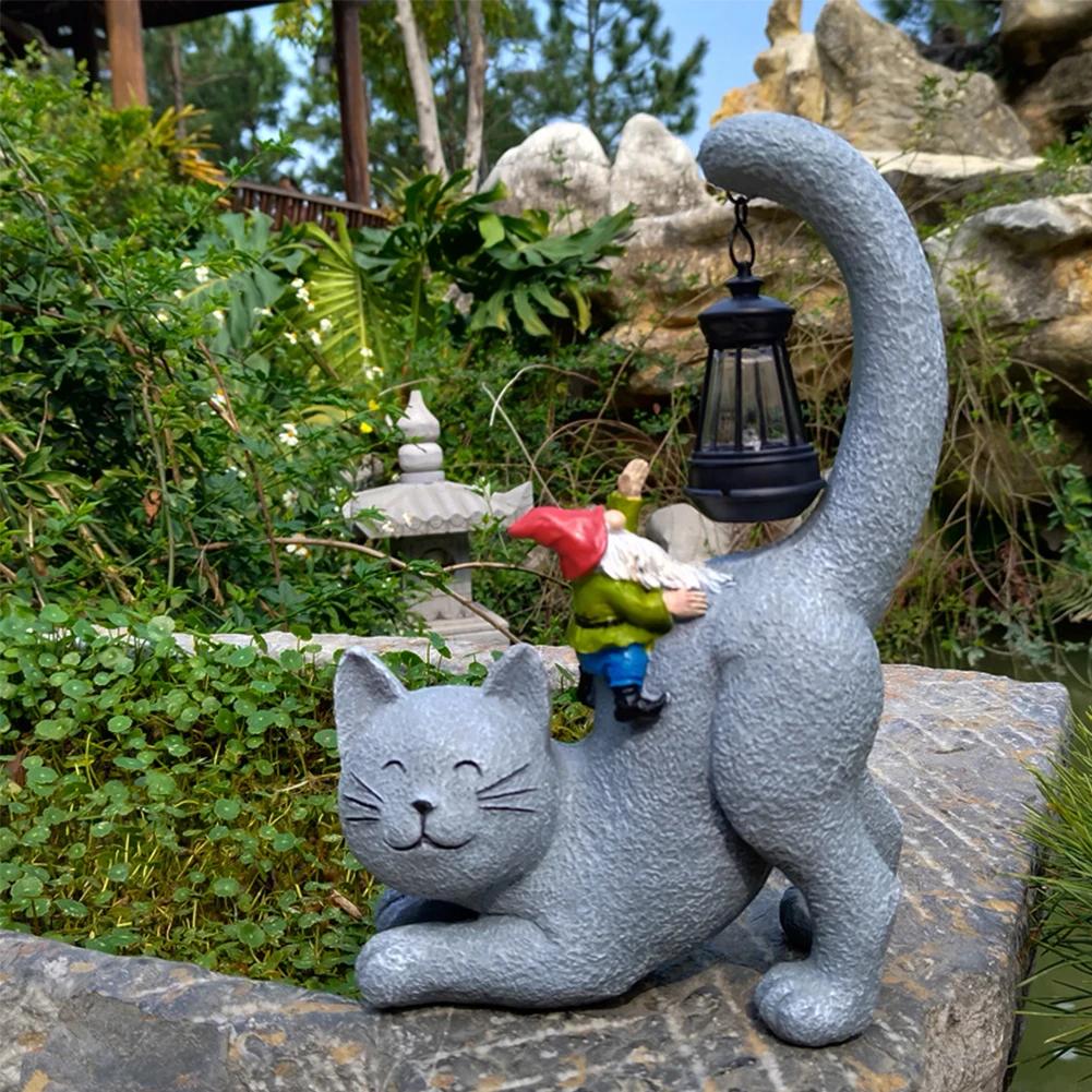 Katzenstatue aus Kunstharz mit Solarlaterne mit solarbetriebenem LED-Licht Solargarten-Katzenstatue mit Solarlaterne Katzenfigur für den Außenbereich