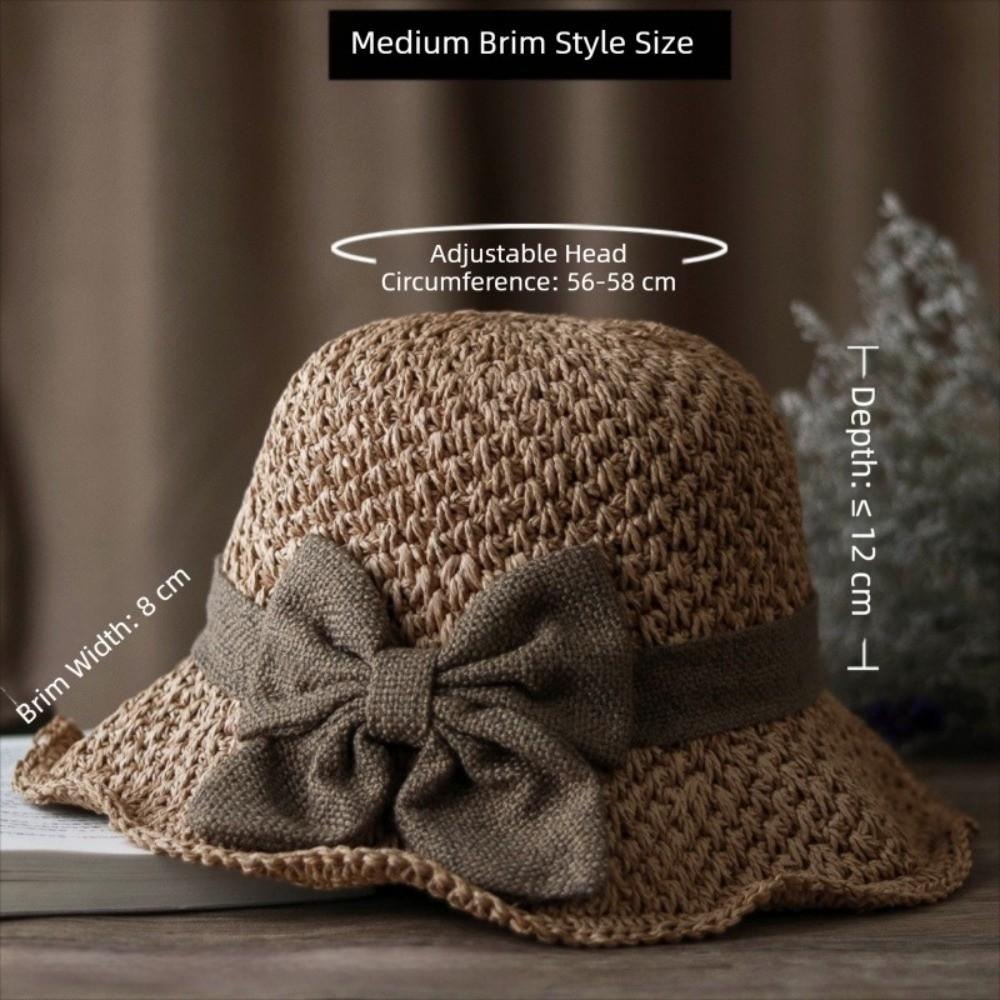 Vintage Atmungsaktiver Geflochtener Strohhut Faltbar mit Schleife Strandkappe Breitere Krempe UV-Schutz Sonnenschutzhut Damen