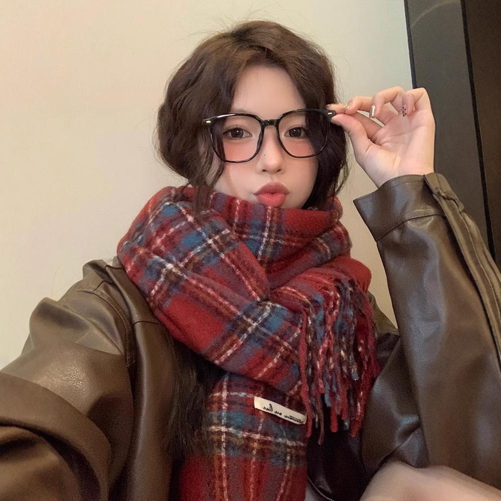 Scarf winter women's high-end sense new plaid Korean version couple shawl red cold-proof versatile thickened scarf