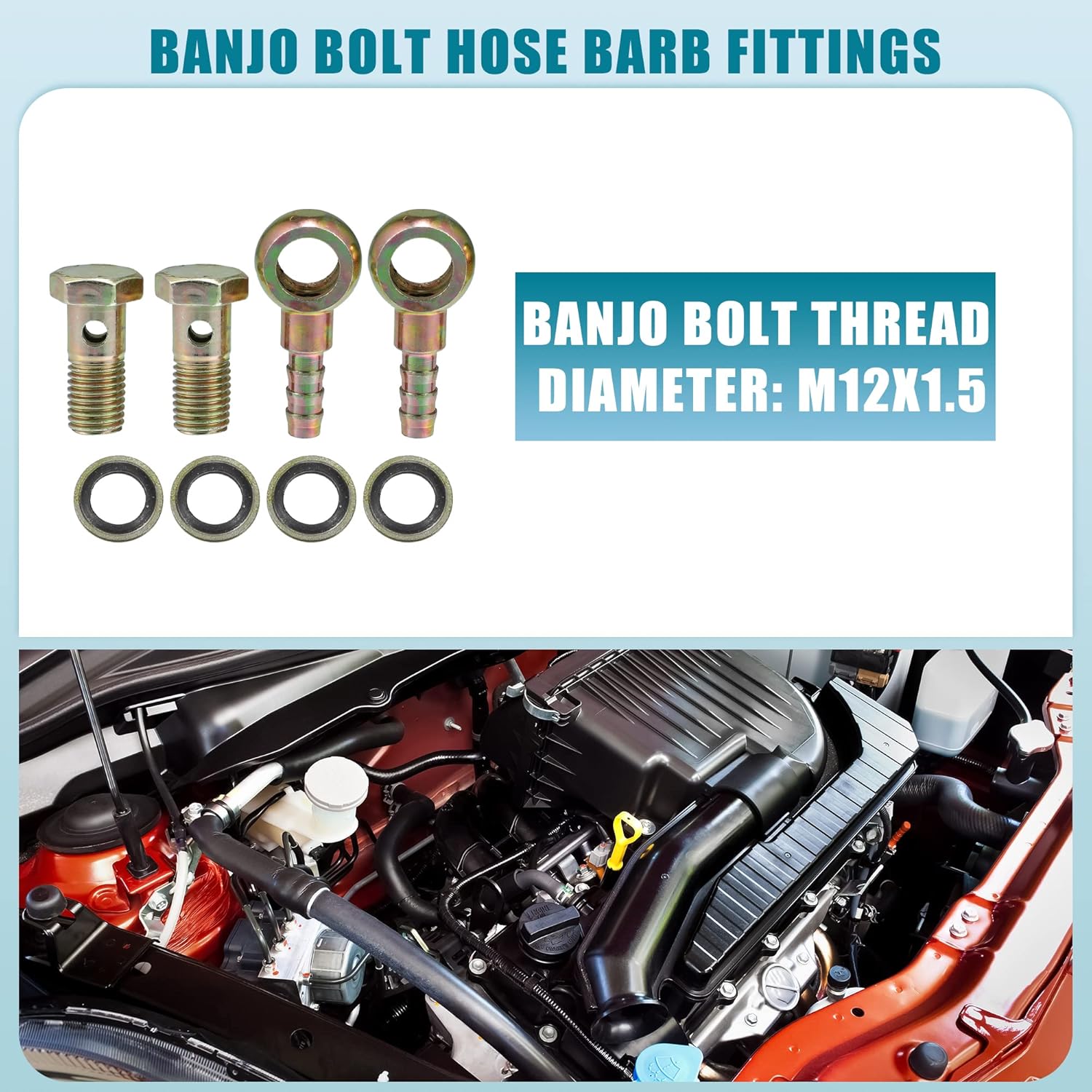 Banjo Bolt M12x1.5 8mm Banjo Bolt Hose Barb Fittings Brake Line Fitting Adapter with Copper Washers for Motorcycle Car (Set of 2)