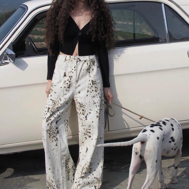 CARIE Leopard Print High Waist Denim Wide Leg Pants Small