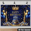 2D flat birthday party banner background - Blue and gold crown theme with blue velvet backdropzyc