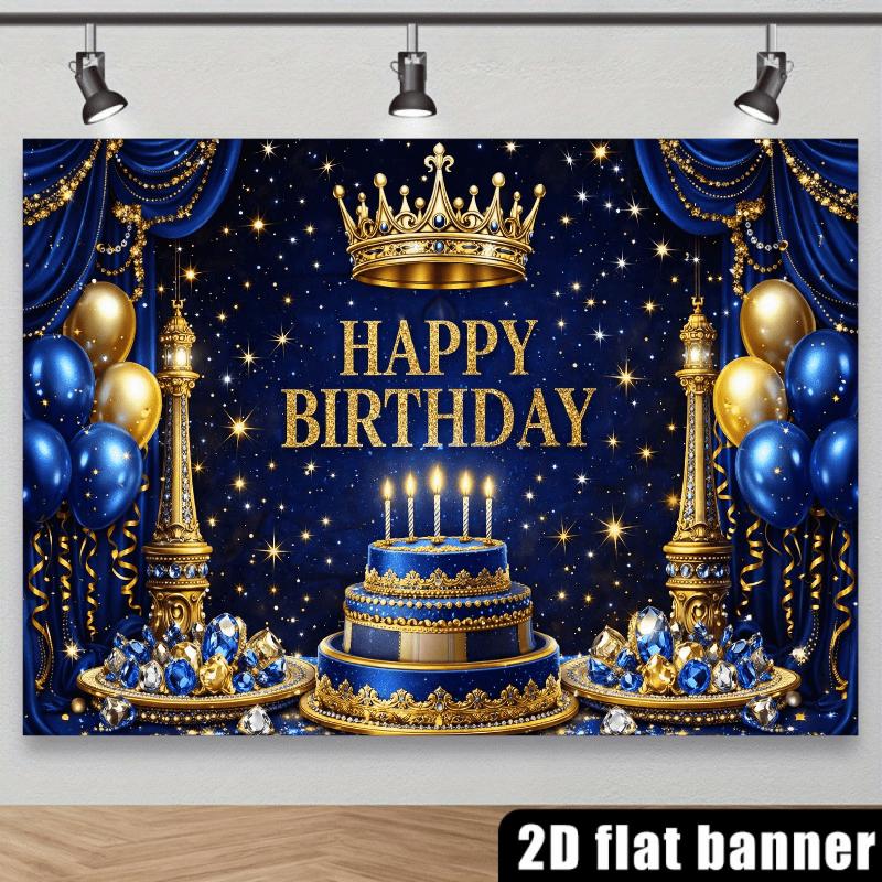2D flat birthday party banner background - Blue and gold crown theme with blue velvet backdropzyc