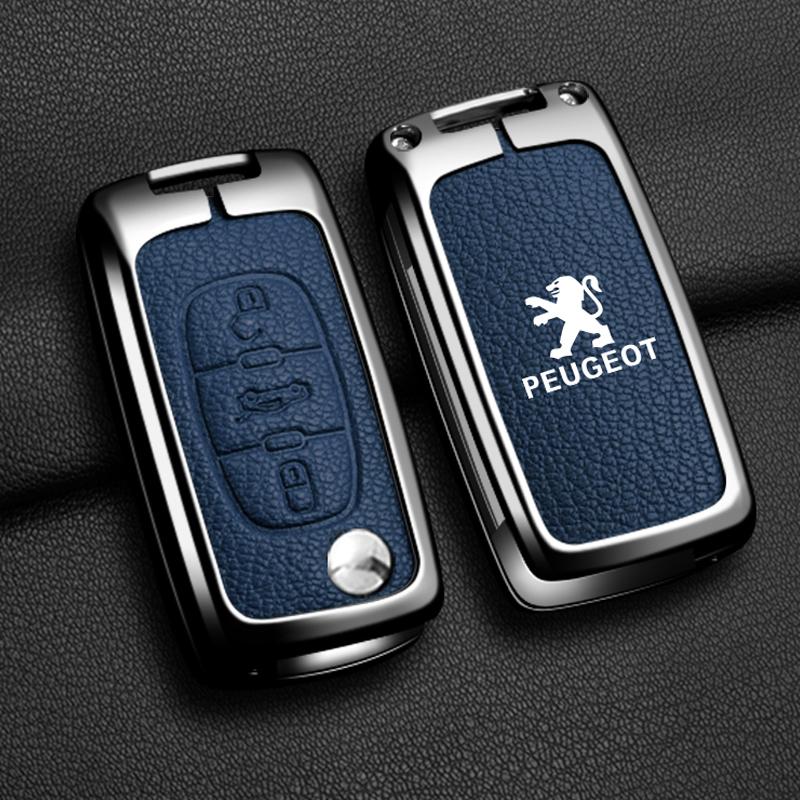 2026 Hete Auto Sticker Legering Leer Auto Flip Afstandsbediening Sleutelhoes Fob Cover Houder Shell voor Peugeot 207 307 308 407 607 807 Beschermer