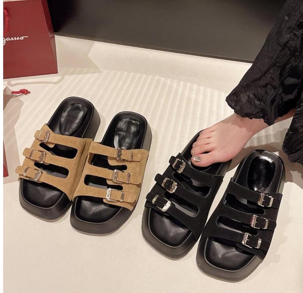 Fashion Retro Classic Thick-soled Slippers For Women New Fashion Suede Platform Sandals Summer Belt Buckle Beach Slides Woman Shoes