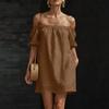 Damen Schulterfreies Kurzarm Lockeres Baumwoll-Leinen-Kleid Lässiges Pullover-Design mit Entspanntem und Bequemem Stoff