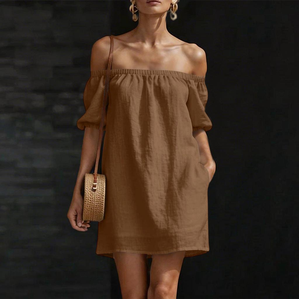 Damen Schulterfreies Kurzarm Lockeres Baumwoll-Leinen-Kleid Lässiges Pullover-Design mit Entspanntem und Bequemem Stoff