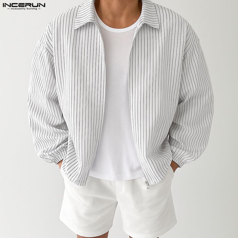 INCERUN Oversized Men Long Sleeve Striped Print Shirts Casual Loose Button Tops