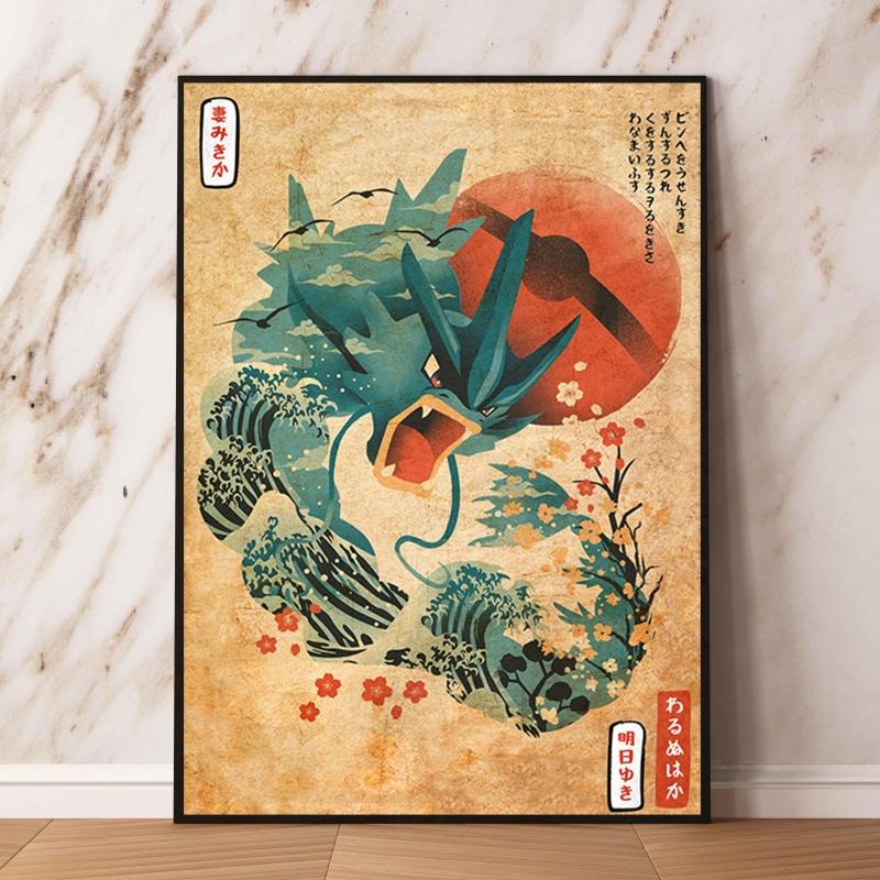 

Japanese Pokemon Pikachu Decorative Painting Ukiyo-e Art Poster with Bridge and Sunset Elements Perfect for Home Wall Decoration 21X30CMNo Framed