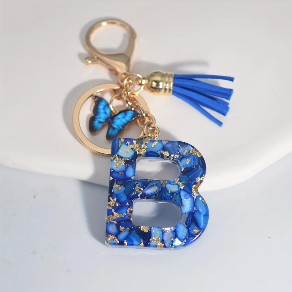 1pc Custom Blue Alphabet Letter Keychain with Butterfly Pendant Resin Ladies Key Ring with Tassel - Elegant Accessory for Bags Backpacks