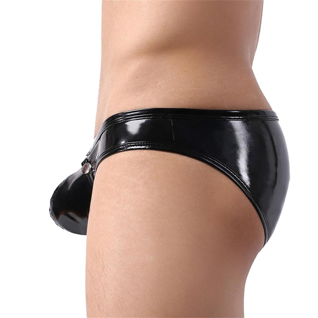 Herren Glänzende Kunstleder Slips mit Metallschnalle und U-Beutel-Design, Hüfttief, Europäische Größe.