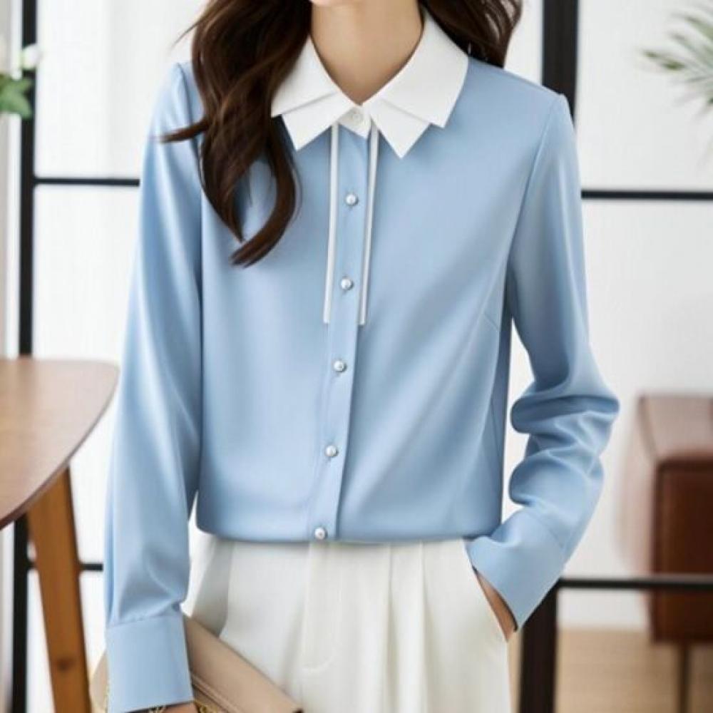 Navava Women Casual Color Block Double Collar Long Sleeve Shirt Nb3058