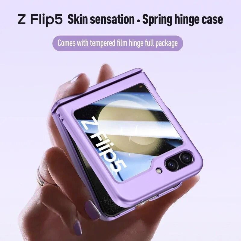 Skin Friendly Ultra Thin Matte Folding Hngle For Samsung Galaxy Z Flip 5 5G Case With Tempered Film Shockproof Protective Cover