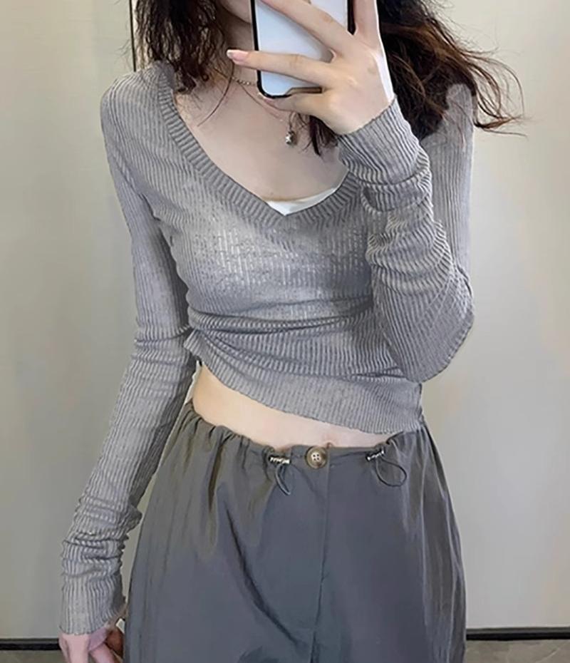 Mesh Long Sleeve Women Black T-shirts Vintage Streetwear Casual Slim Up Solid Tops Bottoming Shirt