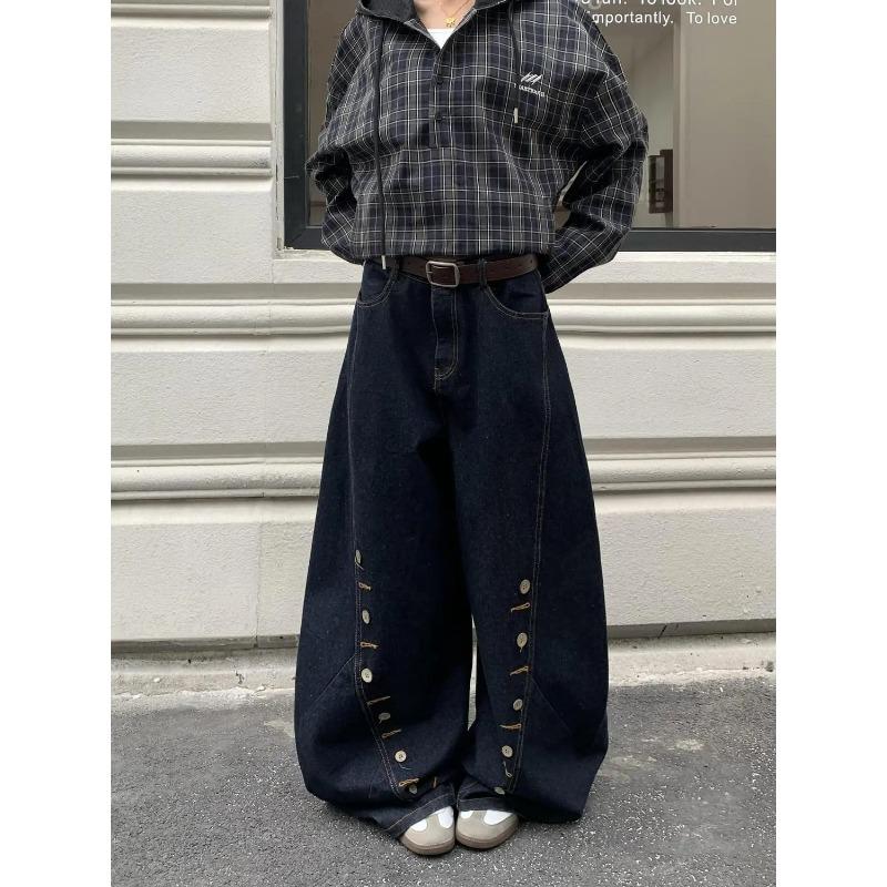 

American Retro Design Multi-breasted Scimitar Jeans for Women Lazy Wide-leg Floor Mopping Pants 3XL
