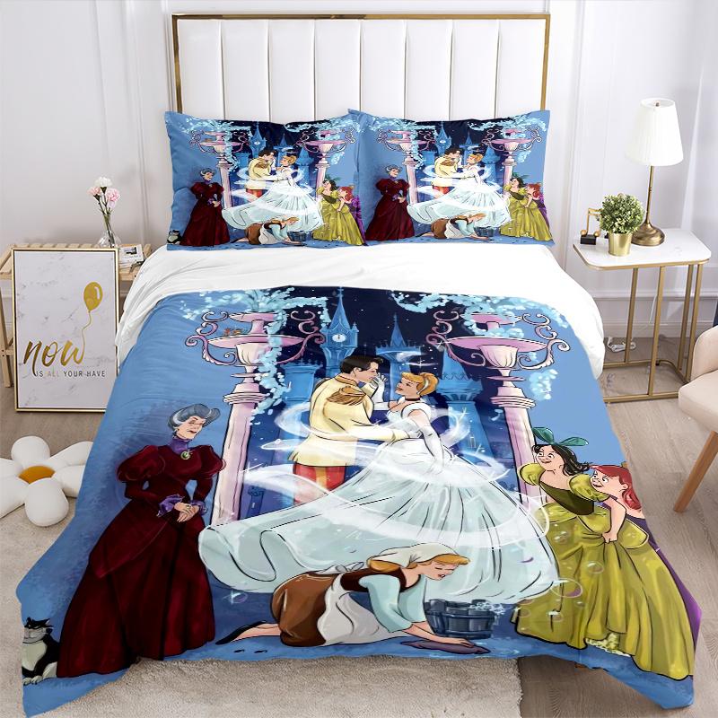 3pcs Prince and Cinderella Printed Quilt Set Soft and Comfortable Quilt Cover for Bedroom, Guest Room Bedding Set B069