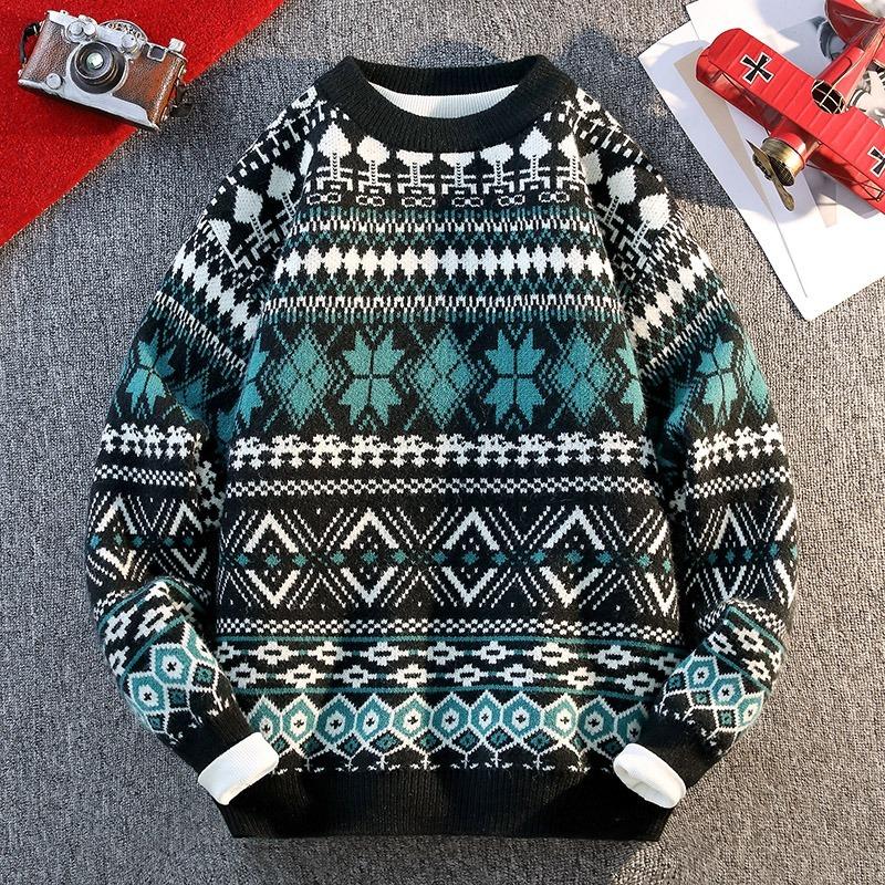 Men's Autumn and Winter Pullover Round Neck Long-sleeved Casual Ethnic Style Sweater Knitwear Fashion Tops