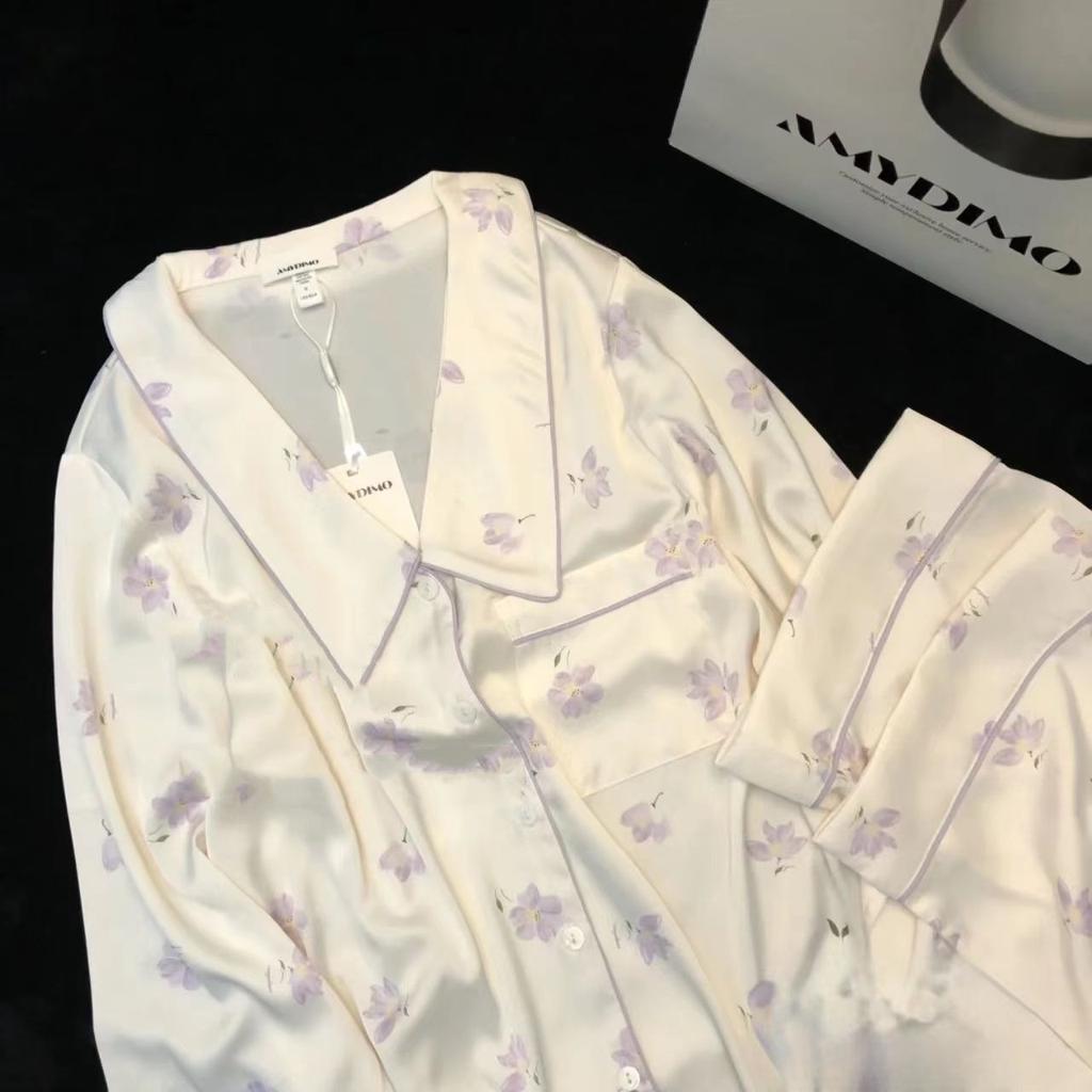 New Ice Silk 2 Pieces Pajamas for Women Autumn Spring Women's Pajamas Set Elegant Ptinting Flower Home Wear Soft Sleepwear
