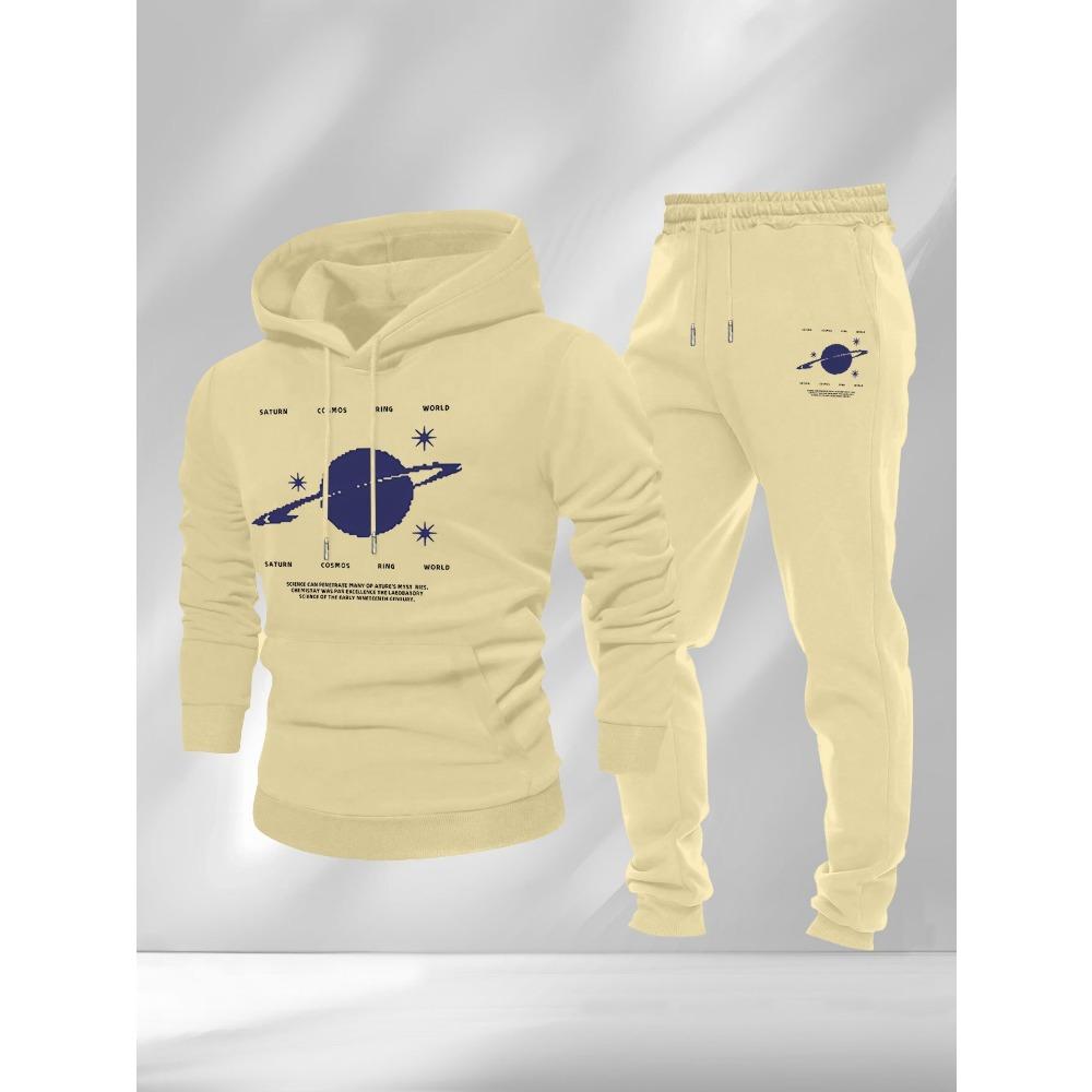 Saturn Planet Printed Hoodie Sportswear Drawstring Hoodie Pants Set Casual Street Style Fashionable Men's Essential