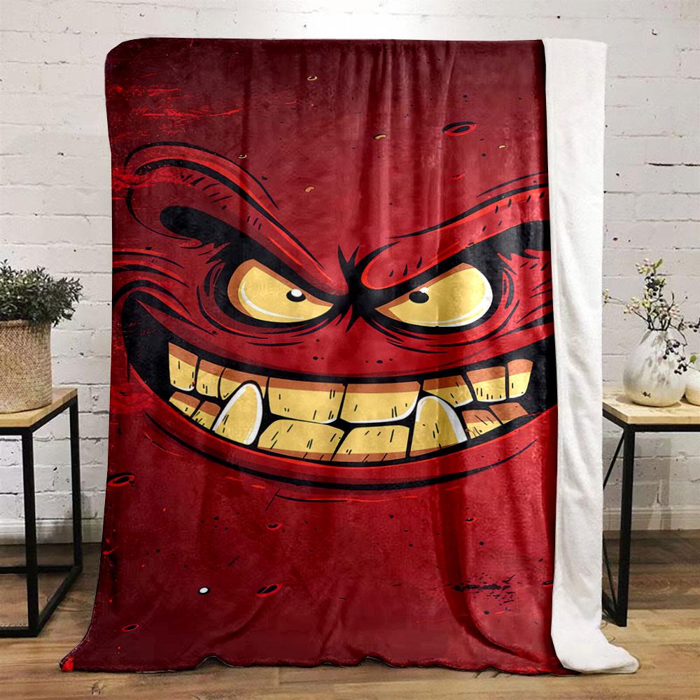 A menacing red face with sharp teeth, angry eyes, and bold expressions. for all seasons blanket lunch break throw gift