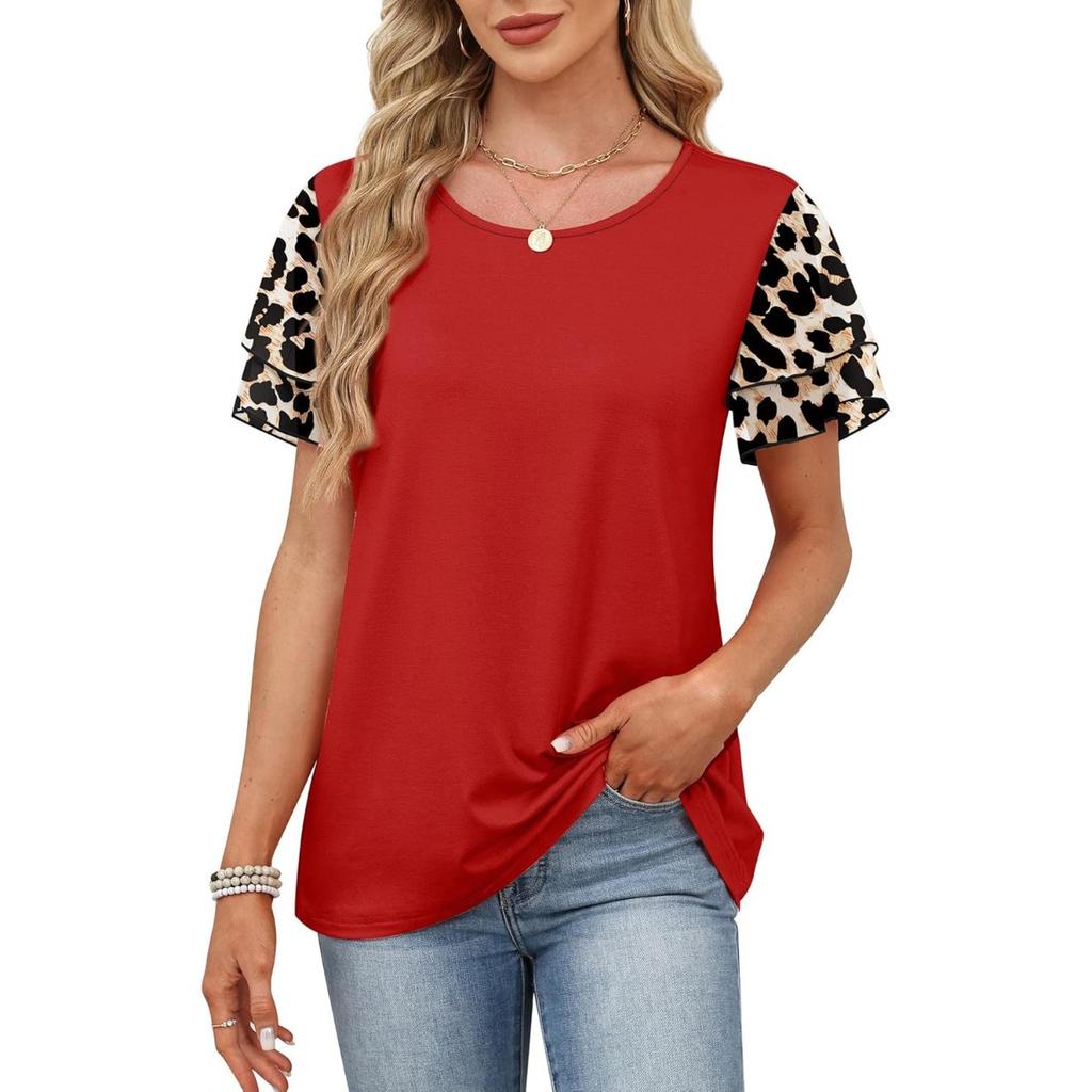 Women's Spring Summer New Crew Neck Printed Colorblock Double Layer Short Sleeve T-shirt Top For Leisure Leisure Trade