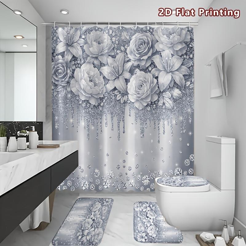 4Pcs Shower Curtain Set with Non-Slip Bath Mat, Toilet Lid Cover, Contour Rug & 12 Hooks, Bathroom Decor
