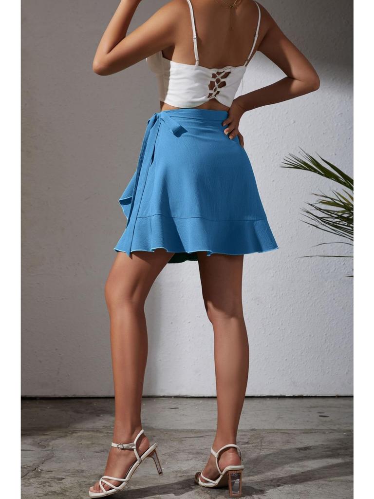 One Piece Lace Up Skirt High Waist Solid Color Ruffled Edge Short Skirt Cross-border Women's Clothing