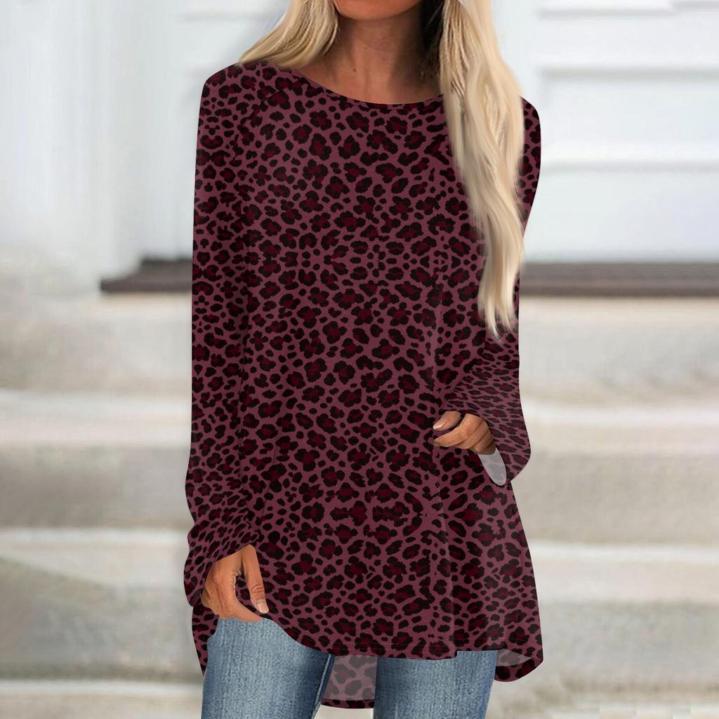 Women's Leopard Print Long Sleeve Casual Tunic Tee Shirt with Neck