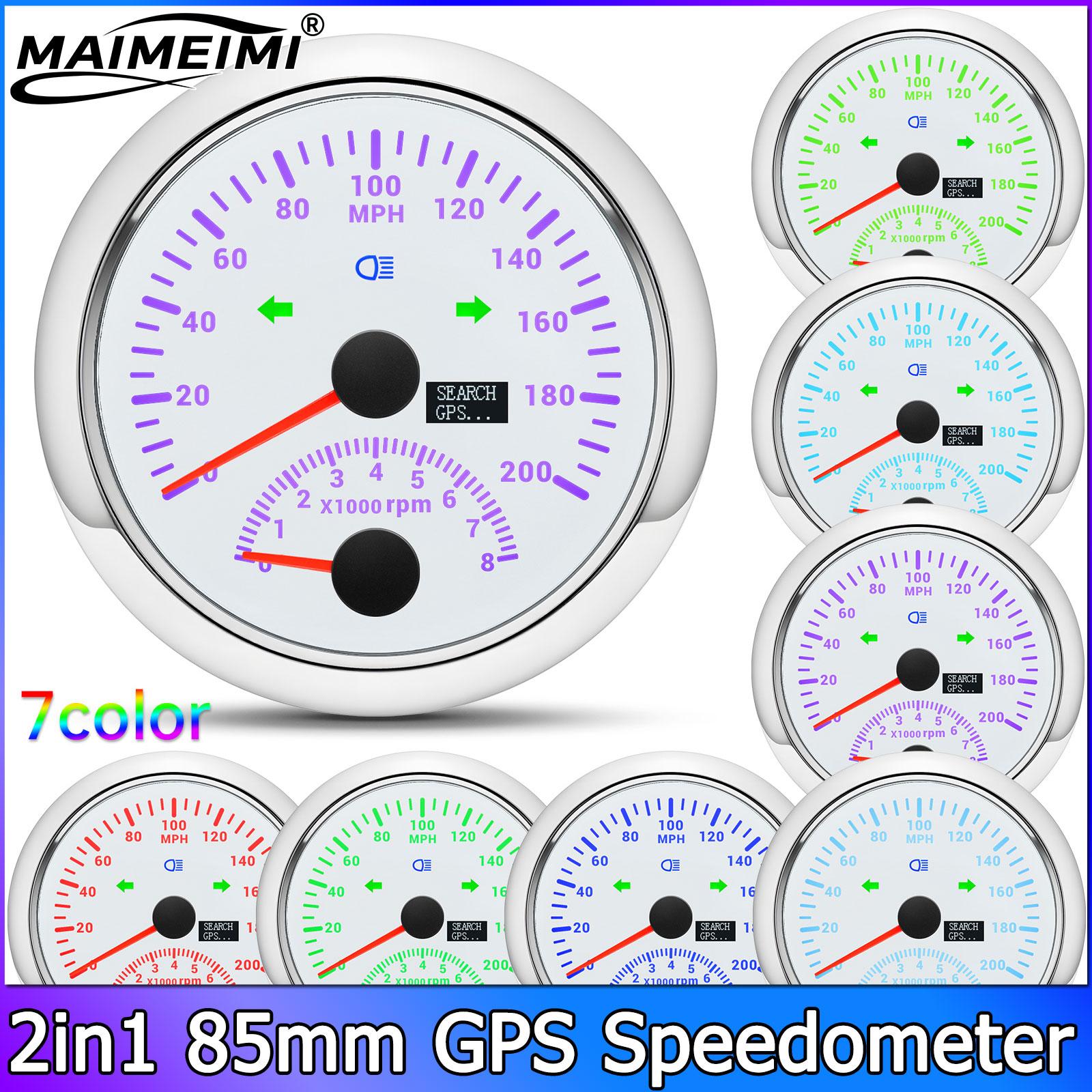 85MM Digital GPS Speedometer 0-160MPH 120MPH 200MPH Speed Meter With GPS Antenna For Car Marine Boat 7 Color Backlight Speed white 200MPH