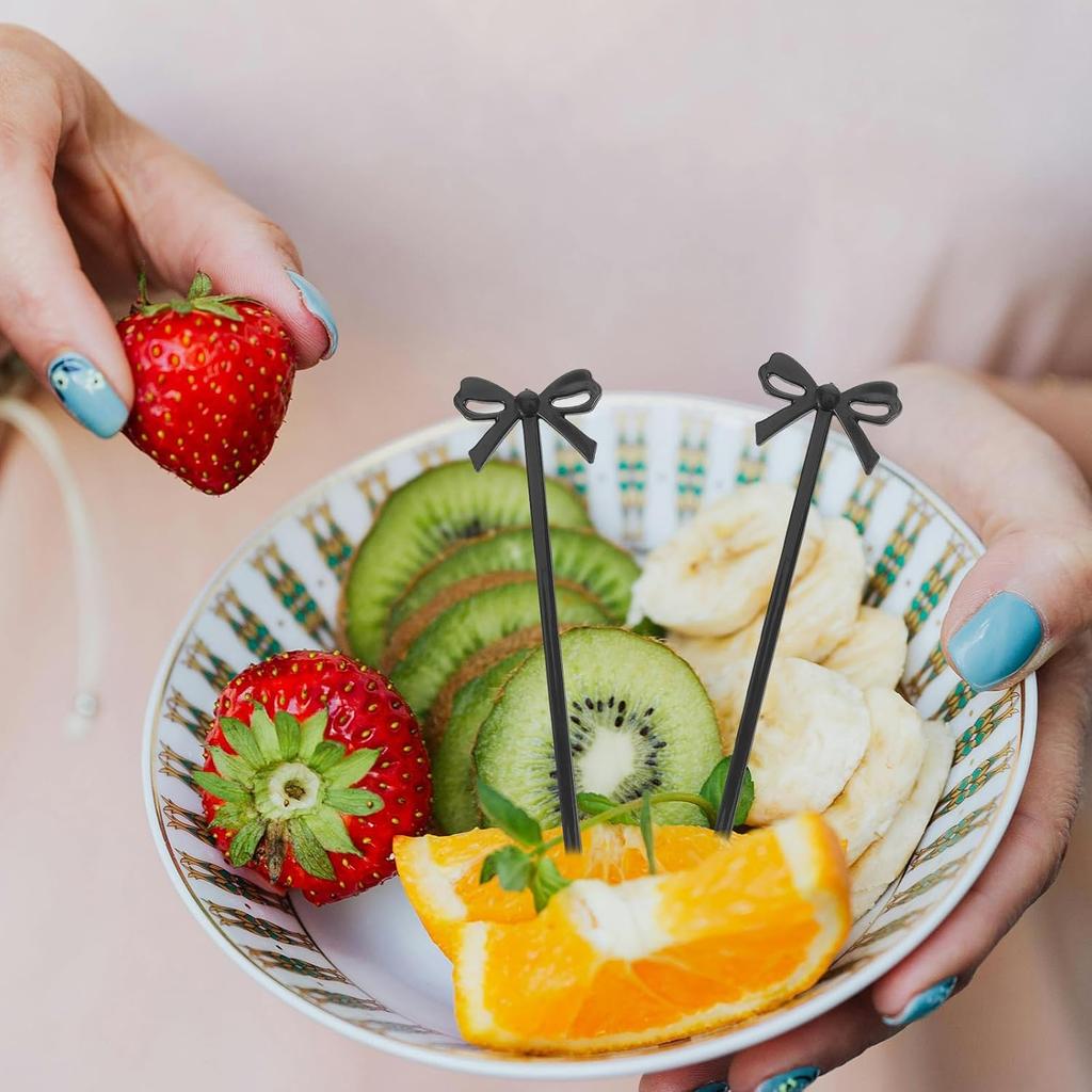 30pcs Fruit Fork Martini Skewers Black Bows Fiesta Cupcake Toppers Boy or Girl Halloween Toothpicks for Cocktails Bow Cupcake Topper Plastic Fruit