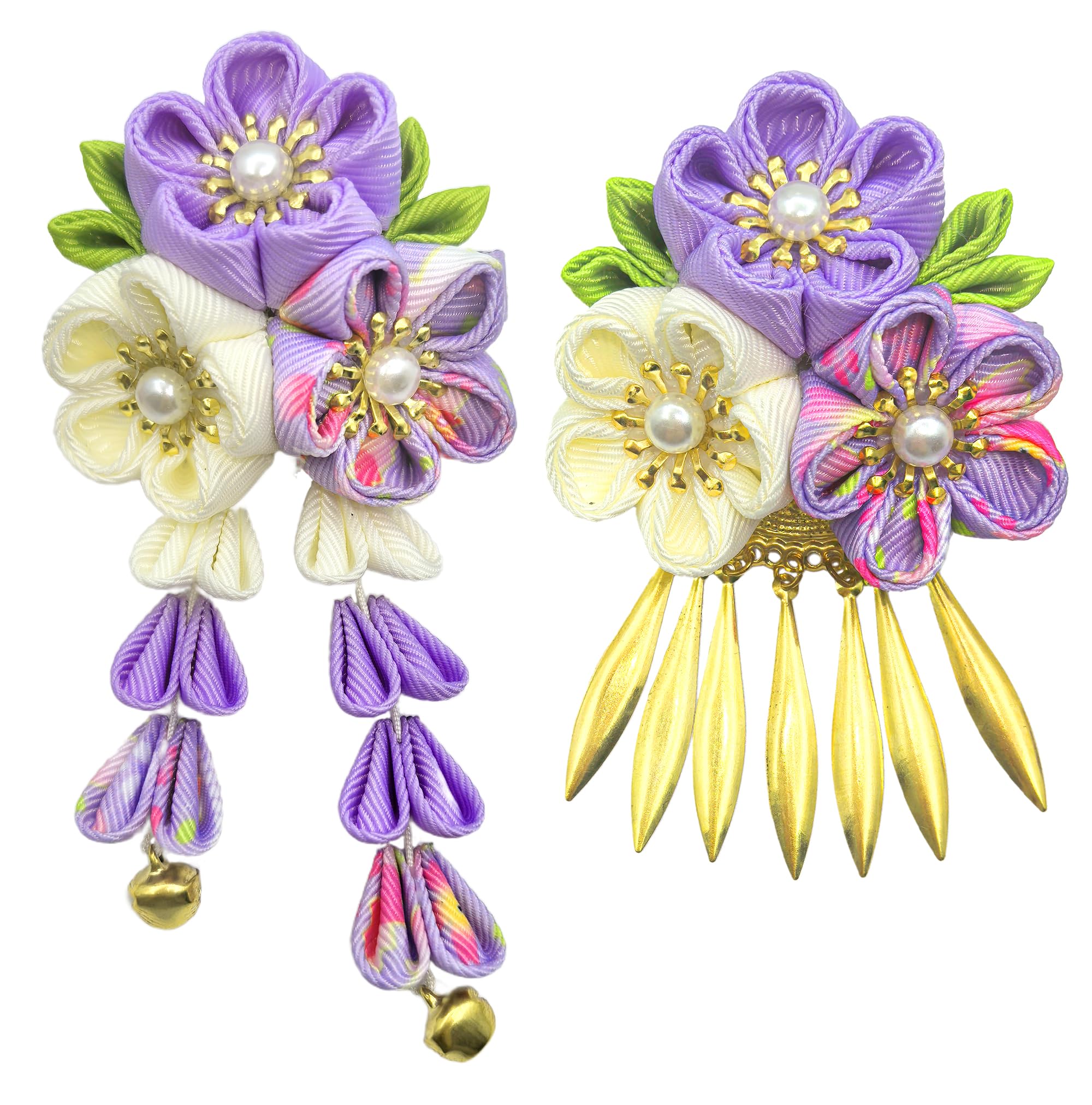 

JZOON Hair Flower Bell Metal Tare Ornament with Pearl Perfect for Entrance and Western and H2225 Ornament, Tsumami-zaiku Clip, Shichi-Go-San,