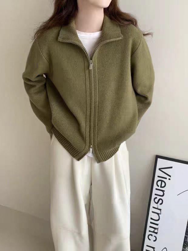 Women's Long Sleeve Sweater Stand Collar Lazy Style Knit Cardigan Zip Up Casual Outerwear