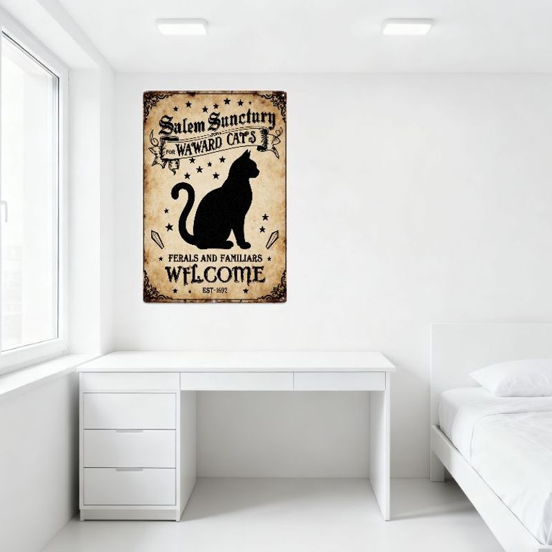 Vintage Salem Sanctuary for WARD CATS Metal Tin Sign, Feral & Familiar Cats Welcome, EST-1692 Witchy Decor, Black Border Cat Sil