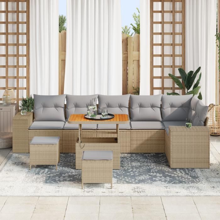 Ensemble de Canapé de jardin en Rotin Synthétique Beige de 9 pièces avec coussins, Ensemble de salle à manger de jardin 3362027
