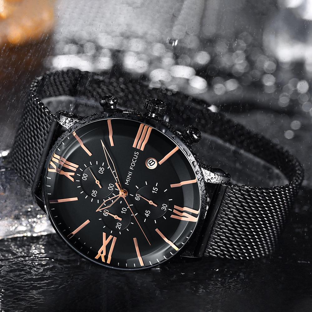 Fashion Men's Watch Multi-functional Chronograph Movement Calendar Waterproof Steel Mesh Belt