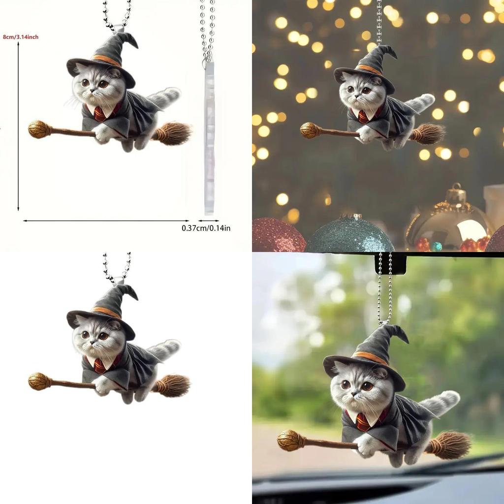 Acryl-Autodekorationen mit flacher Oberfläche und einem magischen Katzenmotiv auf einem Besen für den Fahrzeuginnenraum