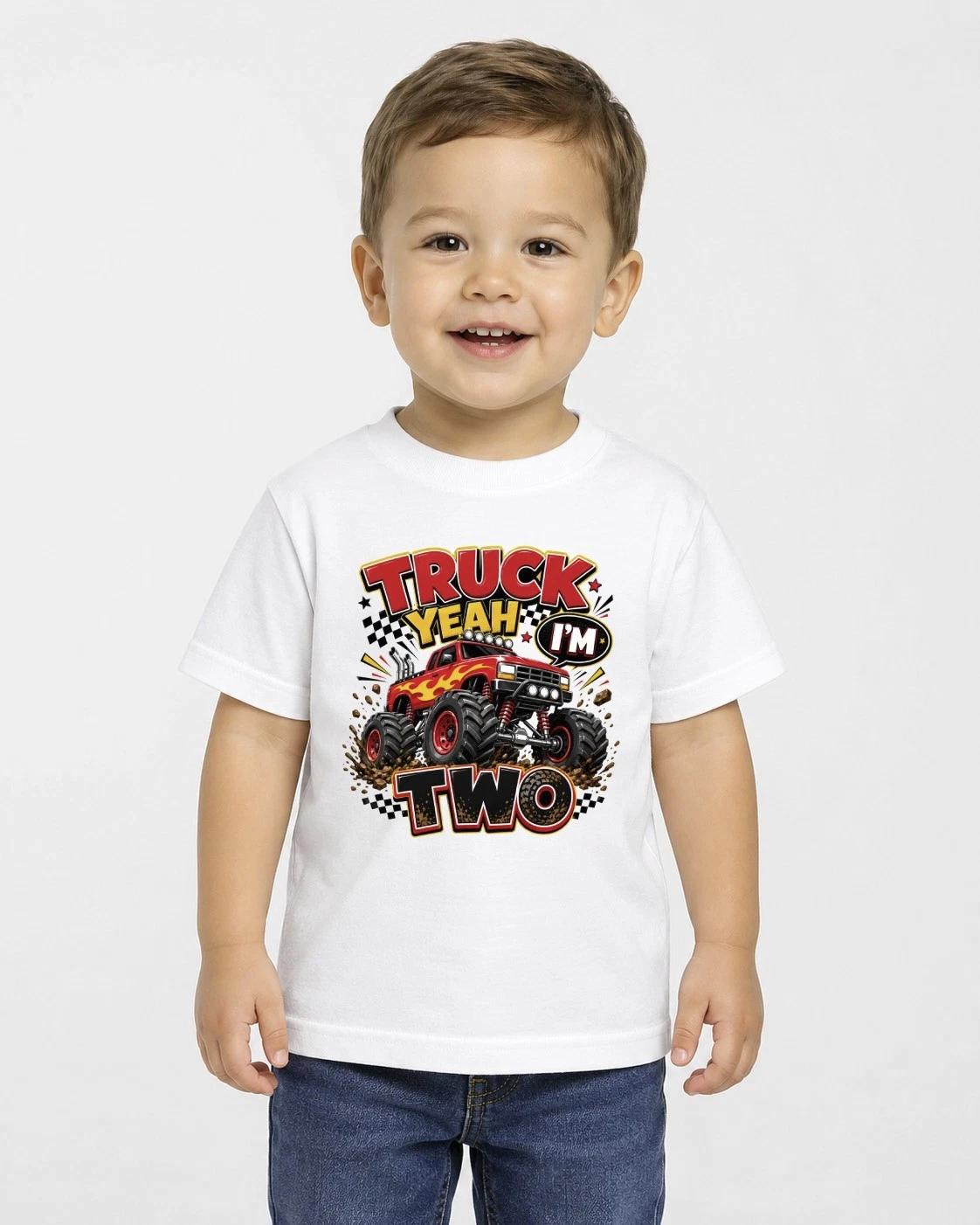 Boys 2nd Birthday Children s Children s Children s T Children s T-shirt Truck Yeah Im Two Monster Truck Tee Party Gift 130